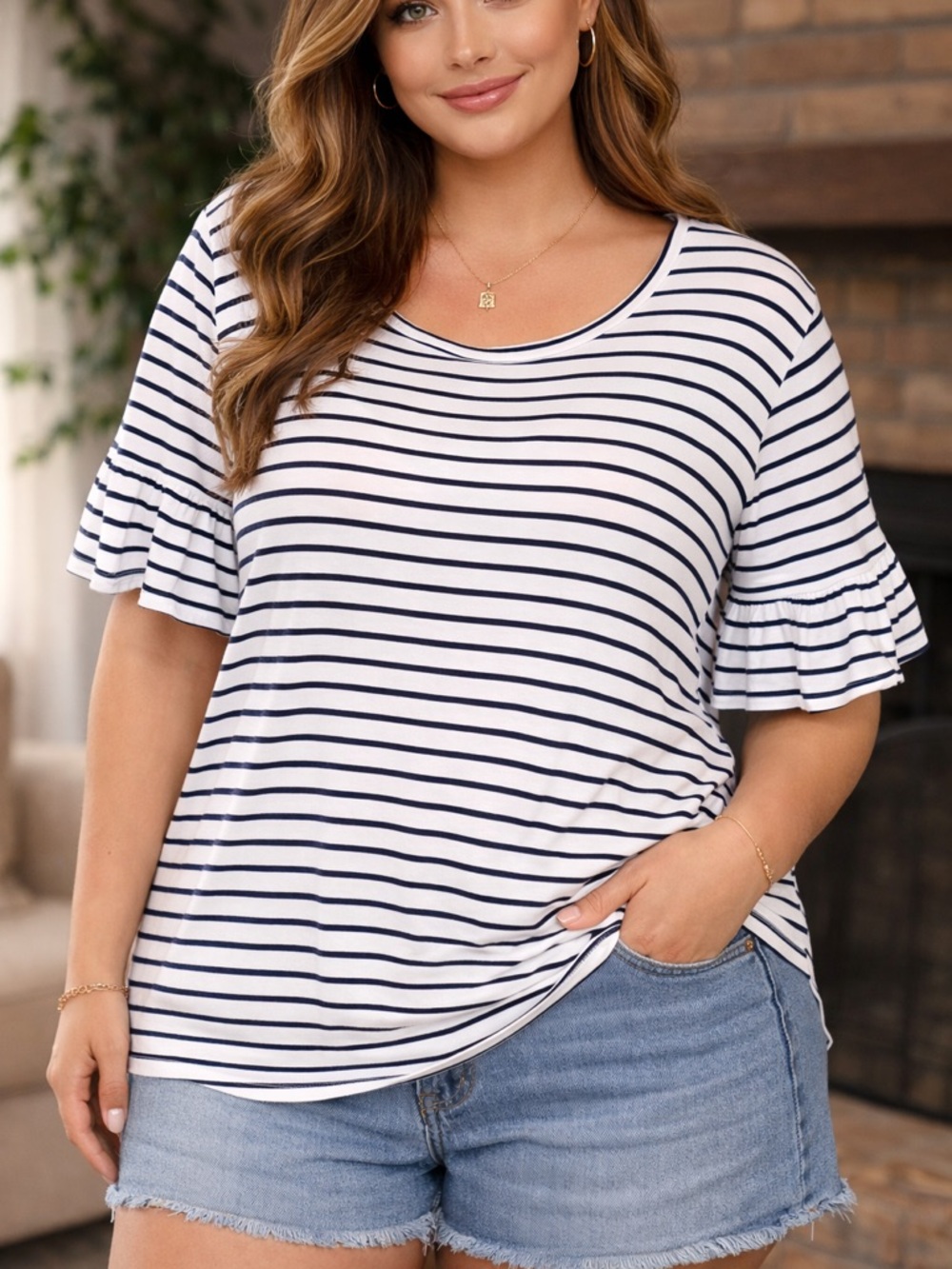 7th Ray White and Navy Striped Ruffle Sleeve Tee